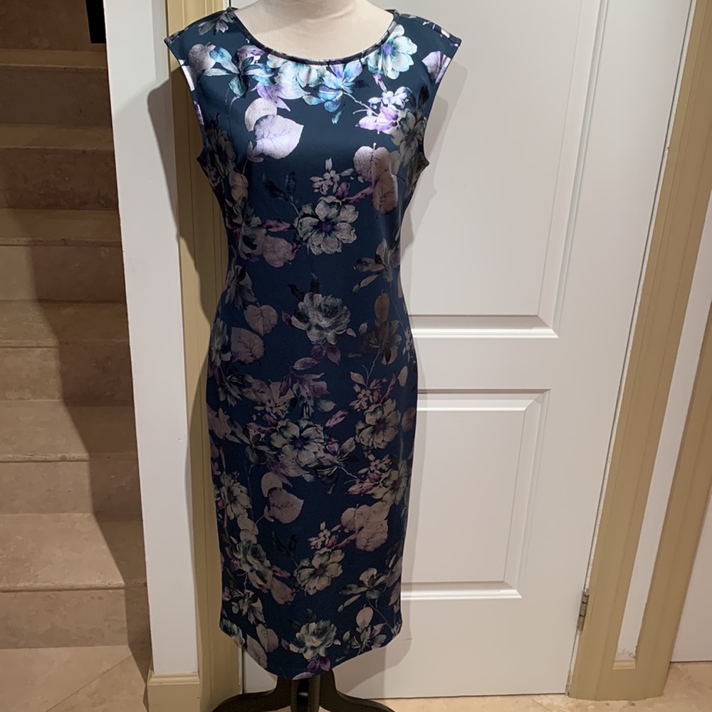 NEW YORK & CO.Metallic floral teal dress w/ metallic flowers. Midi, Size S. - Picture 4 of 13